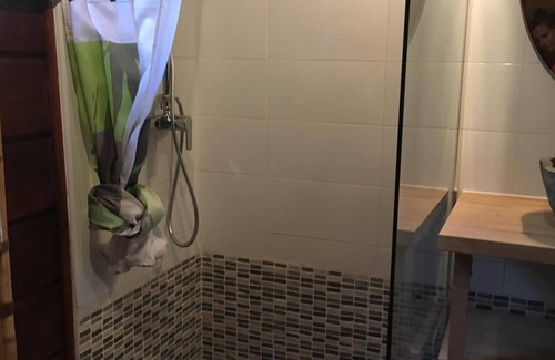 La Saline Les Bains Cabina | El encanto de un bungalow de madera frente a la laguna en un jardín con piscina