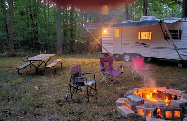 A well-maintained, vintage camper in a secluded location near state land