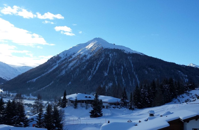 Terraza sur ü. Davos, con esquís en pistas u. espalda