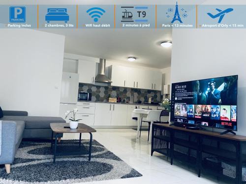 Appartement parisien neuf, moderne avec une grande salon, 2 chambres, 3 lits, parking gratuit, 15min de Paris et 13 min aéroport Orly