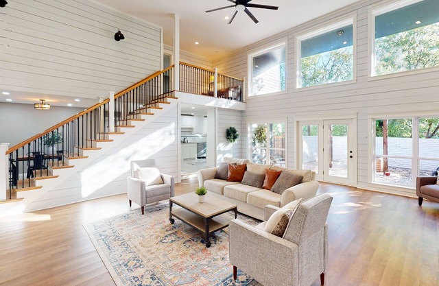 Dog-friendly bohemian home with an enclosed patio, high ceilings, & board games