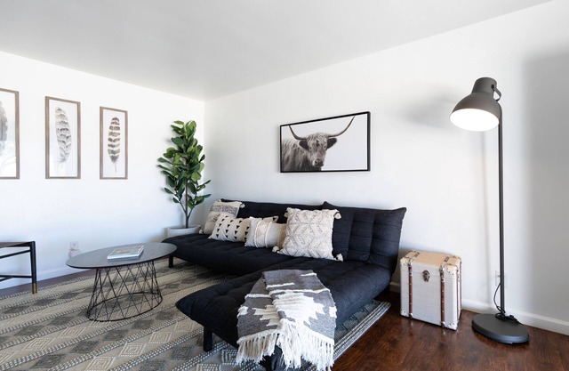 Chez # 3- Interior moderno en blanco y negro con un cálido borde Boho
