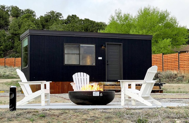 Columbia is a one-level Tiny Home with full bathroom, fridge, induction cooktop, microwave, AC/heat, and beautiful mountain views!