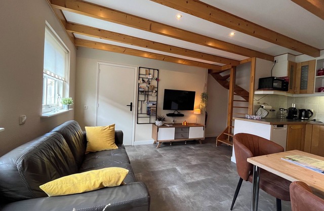 Compact apartment with sunny terrace and extra toilet on bedroom floor.