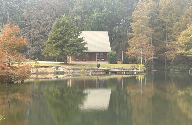 Cozy Cabin setting behind a 1 1/2 acre pond that is lined with Cypress Trees.