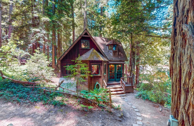 Dog-friendly cottage in the redwoods with private hot tub & amazing deck