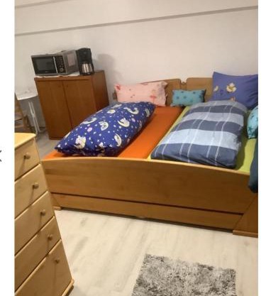 Doppelzimmer mit neuem Bad und Sportpool-Nutzung außen, im basement cellar der Villa Naturpark, Garten mit Rheinblick