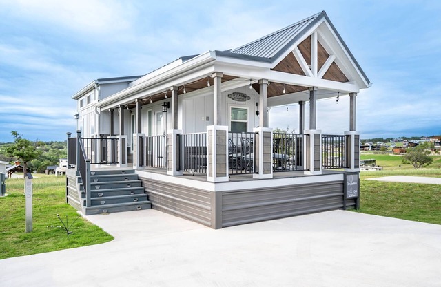 Hill Country Tiny Home 'Time2unWine' Features Pool Views, Multi-Level Sleeping Areas, and Covered Po