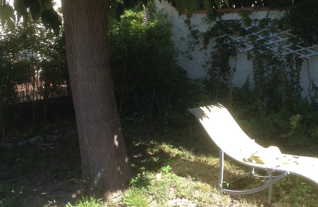 Casa con pequeño jardín y terraza.