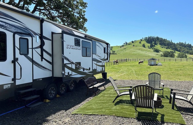 Just off I-5, RV available on a secluded lot. Close to town.
