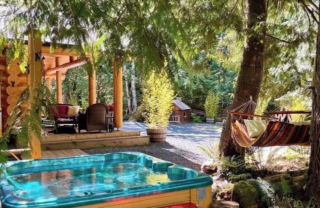 Log house , teepee, three holiday trailers, room for 16 guests.
