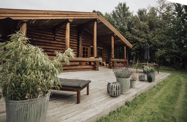 Luxurious log house near water and forest