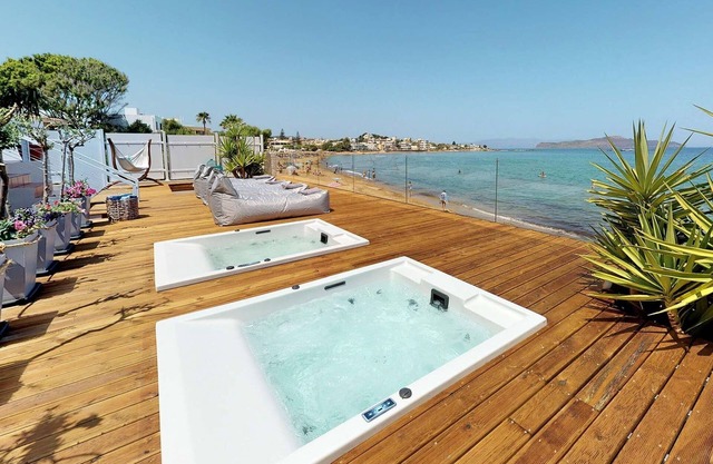Luxury Beachfront Crete Villa | Villa Island Princess | 3 Bedrooms | Direct Access to Glaros Beach | 2 Heated Jacuzzis | Outdoor Lounge & Dining Area | Agioi Apostoloi