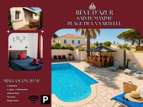 Mini cocon 20m2 au Rêve D'azur plage de la Nartelle avec 1 chambre et sdb, 1 salon avec kitchenette, terrasse, piscine partagée, parking et BBQ