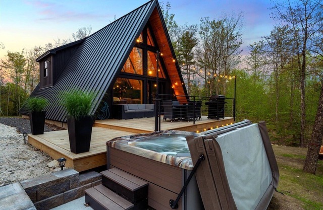 Modern A-frame house with hot tub and fire pit. Very private!