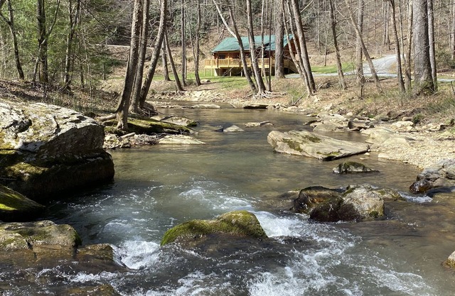 New 2/2 log cabin, rushing trout stream, hot tub, fireplace, 4 acres