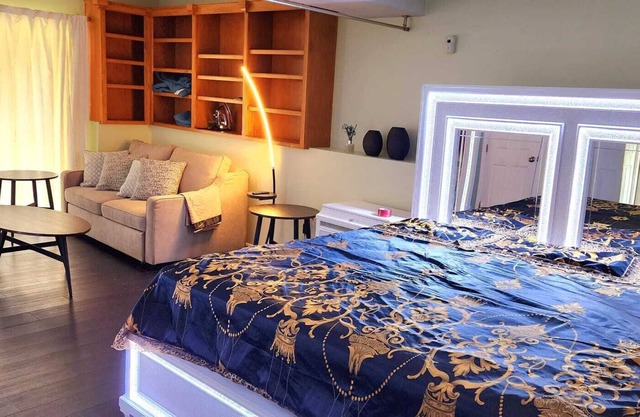 Private cozy room with private bathroom, kitchenette, French doors to the patio.