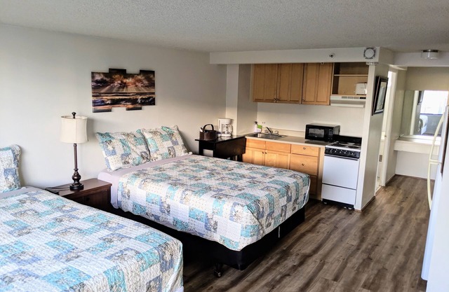 Estudio recientemente renovado con dos camas queen, cocina completa y baño completo.