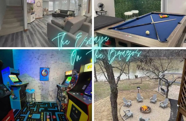 Riverfront, Fire Pit, Arcade room, Pool Table, Air Hockey, Table Tennis, kayaks!