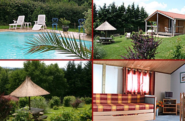 Chalets con terraza y piscina en entorno verde, capacidad 5 personas, mascotas bajo solicitud