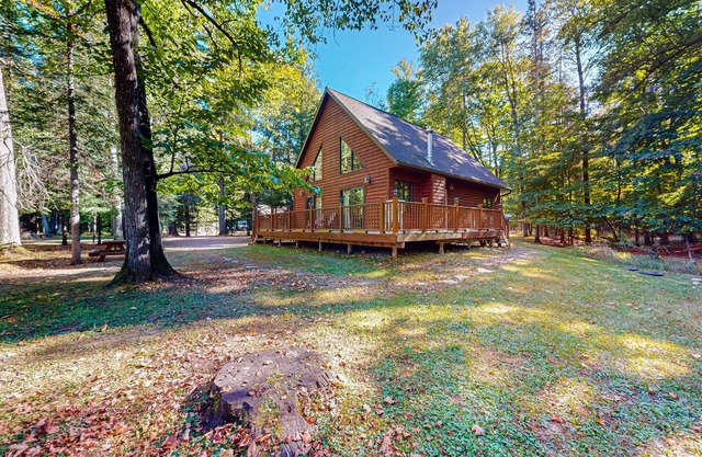 Rustic resort cabin with lake views, deck & access to docks, canoe, paddle boats