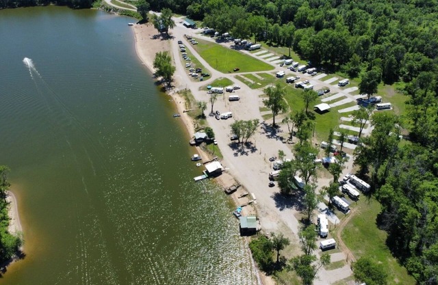 RV on a lake in a campground. Great for parties