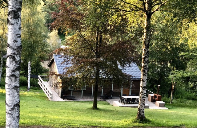 Chalet escandinavo en exuberante vegetación y bosque ...
