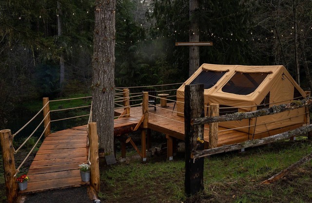 Secluded glamping tent in the foothills of the Olympic Mountains.