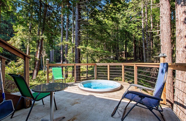 Serene guest suite with shared hot tub, forest views, & splashes of color