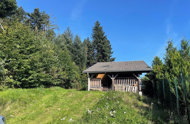 Small chalet and large green area for pets.