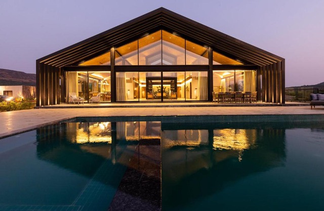 StayVista's The Barn - Mountain-View Luxury Mansion with Heated Infinity Pool, Deck, Jacuzzi, Lawn featuring a Gazebo and Firepit