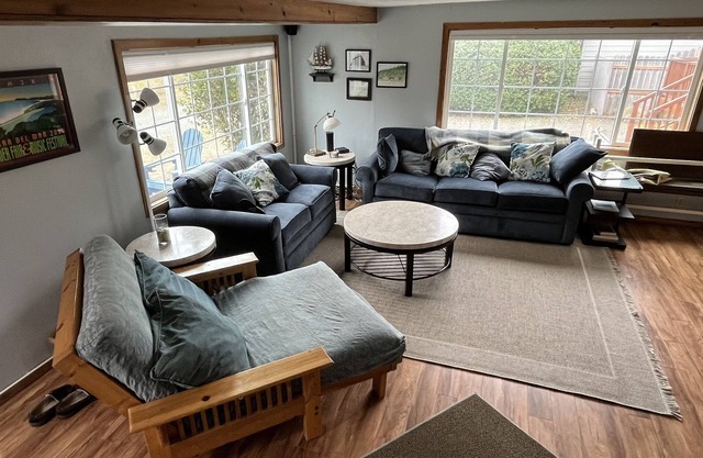 The Oregon beach cabin is a couple of minutes from a quiet beach.