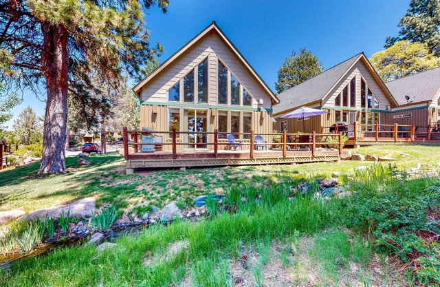 Tree-lined cabin with large deck, pool, hot tub, & fireplace - dog-friendly