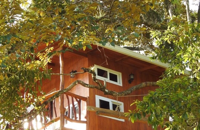 Casa del árbol con hermosa vista a la laguna y la montaña