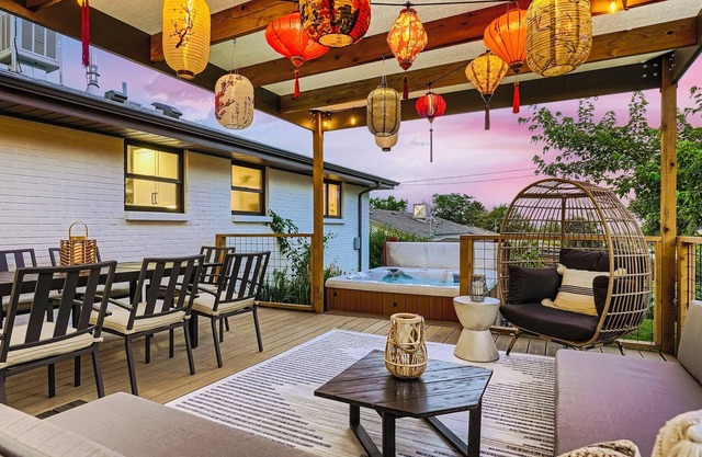 Unique getaway with epic lantern patio, hot tub & playset! Perfect for families!