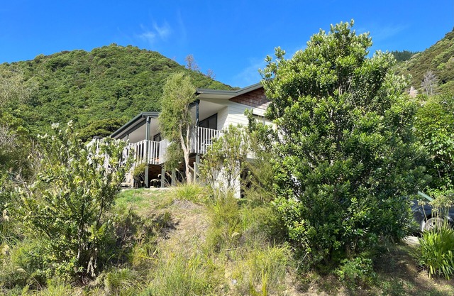 Waikawa Bay bach with spectacular harbour views and surrounded by native bush