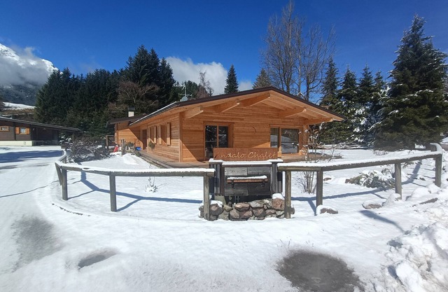 Chalet de madera rodeado de vegetación