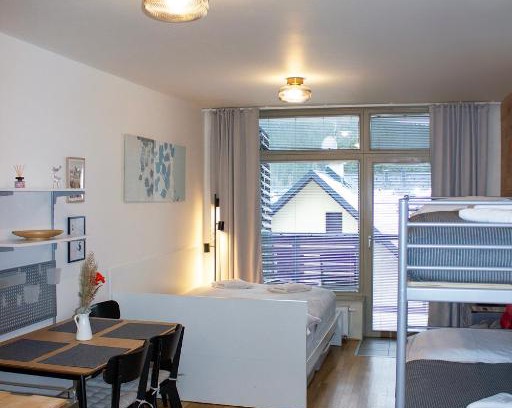 Harrachov Apartamento | ENJOYHARRACHOV - Atraktivní slunné studio Čertovka v centru Harrachova s garážovým parkováním, Wifi-WLAN, Ipad, SAT, herní konzolí, Netflix zdarma a nejkrásnějším výhledem na Čertovu horu s areálem skokanských můstků a sjezdovku jen 150m od lanovky