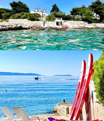 Businci Villa | Luxury Seaside Villa with a classic Mediterranean Olive Garden, a fully equipped Professional Kitchen, Pool, Sauna, Padle Boards and Canoe - Miolin Beach House