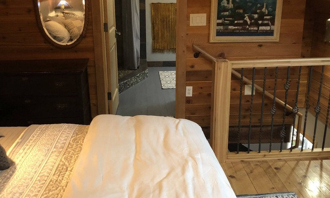 Weaverville Casa | The Loft King Room w/ full kitchen in historic Carriage House building.