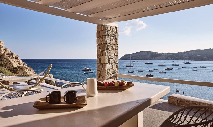 Milos Villa | Thrilling Milos Villa | Villa Sauron | 2 Bedrooms | Breathtaking Sea Views | Spacious Furnished Terrace with Shaded Outdoor Dining Area | Private Garden | Provatas