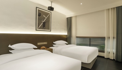 Habitación básica con 2 camas individuales, vistas a la ciudad