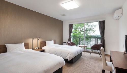 Habitación básica con 2 camas individuales, vistas parciales al lago