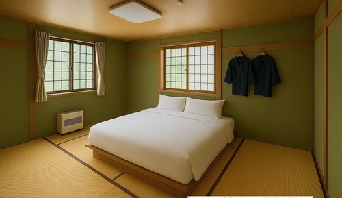 Habitación de estilo japonés con una cama doble