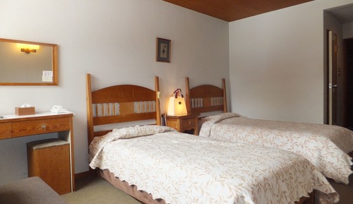 Habitación básica con 2 camas individuales, baño compartido, vistas a la montaña